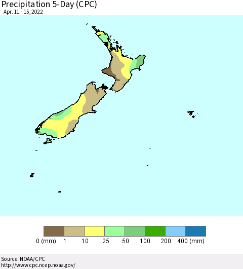 New Zealand Precipitation 5-Day (CPC) Thematic Map For 4/11/2022 - 4/15/2022