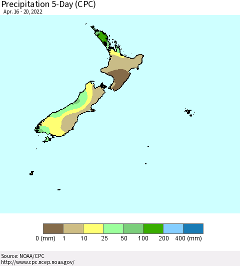 New Zealand Precipitation 5-Day (CPC) Thematic Map For 4/16/2022 - 4/20/2022