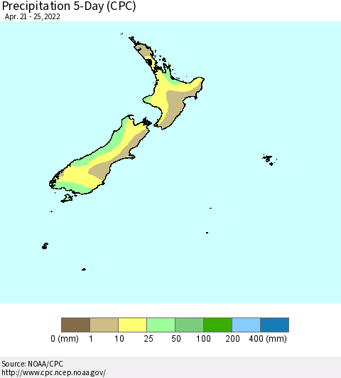New Zealand Precipitation 5-Day (CPC) Thematic Map For 4/21/2022 - 4/25/2022