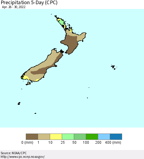 New Zealand Precipitation 5-Day (CPC) Thematic Map For 4/26/2022 - 4/30/2022