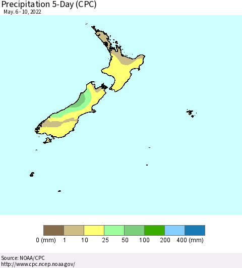 New Zealand Precipitation 5-Day (CPC) Thematic Map For 5/6/2022 - 5/10/2022