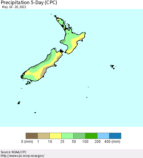 New Zealand Precipitation 5-Day (CPC) Thematic Map For 5/16/2022 - 5/20/2022