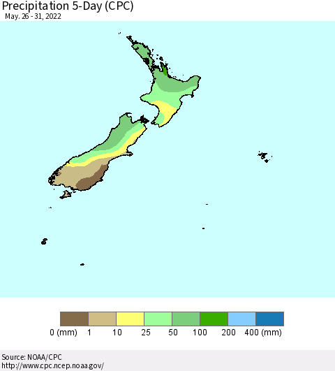 New Zealand Precipitation 5-Day (CPC) Thematic Map For 5/26/2022 - 5/31/2022