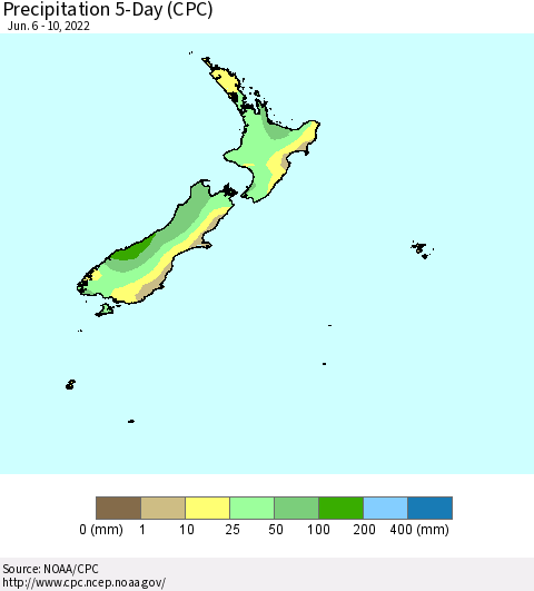 New Zealand Precipitation 5-Day (CPC) Thematic Map For 6/6/2022 - 6/10/2022