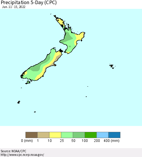New Zealand Precipitation 5-Day (CPC) Thematic Map For 6/11/2022 - 6/15/2022