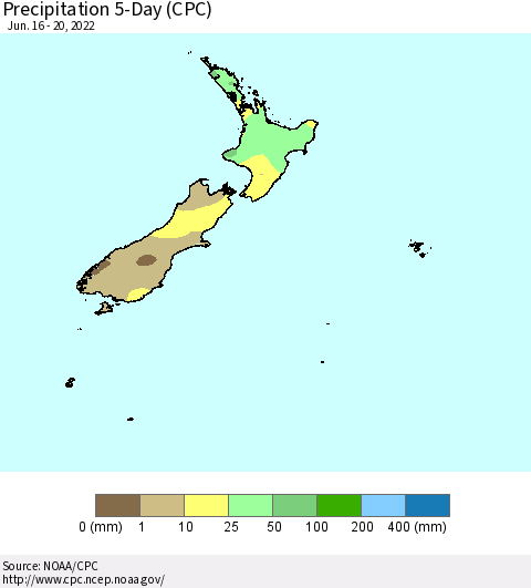 New Zealand Precipitation 5-Day (CPC) Thematic Map For 6/16/2022 - 6/20/2022