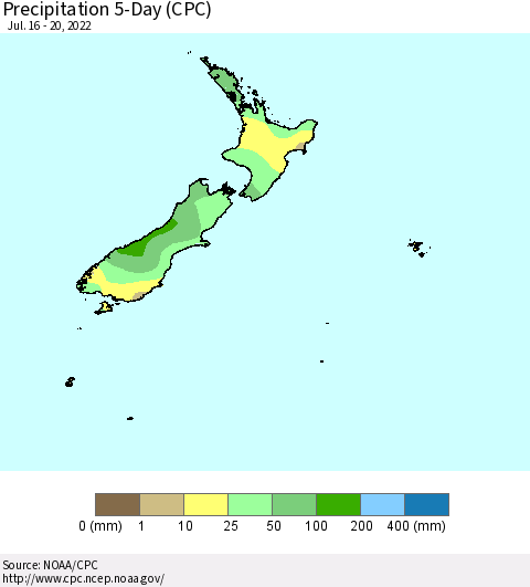 New Zealand Precipitation 5-Day (CPC) Thematic Map For 7/16/2022 - 7/20/2022