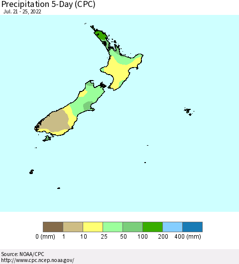 New Zealand Precipitation 5-Day (CPC) Thematic Map For 7/21/2022 - 7/25/2022
