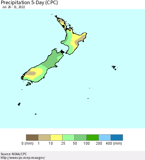 New Zealand Precipitation 5-Day (CPC) Thematic Map For 7/26/2022 - 7/31/2022