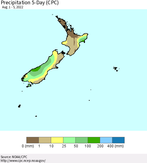 New Zealand Precipitation 5-Day (CPC) Thematic Map For 8/1/2022 - 8/5/2022