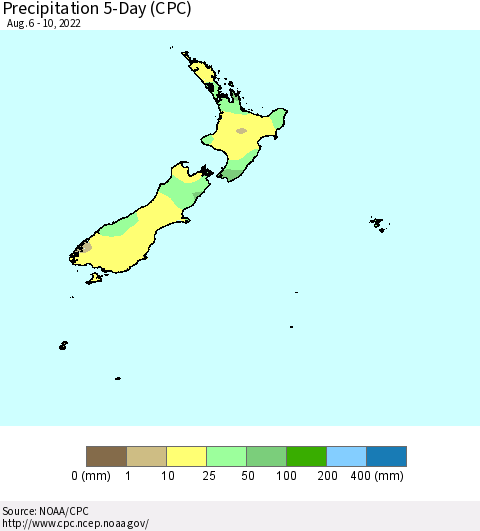 New Zealand Precipitation 5-Day (CPC) Thematic Map For 8/6/2022 - 8/10/2022