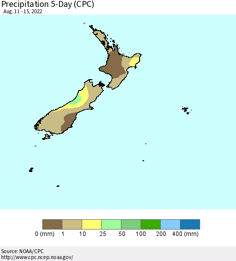 New Zealand Precipitation 5-Day (CPC) Thematic Map For 8/11/2022 - 8/15/2022