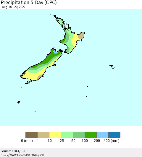 New Zealand Precipitation 5-Day (CPC) Thematic Map For 8/16/2022 - 8/20/2022