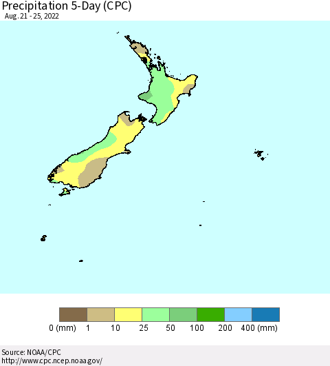 New Zealand Precipitation 5-Day (CPC) Thematic Map For 8/21/2022 - 8/25/2022