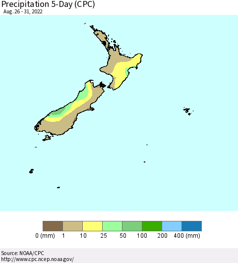New Zealand Precipitation 5-Day (CPC) Thematic Map For 8/26/2022 - 8/31/2022