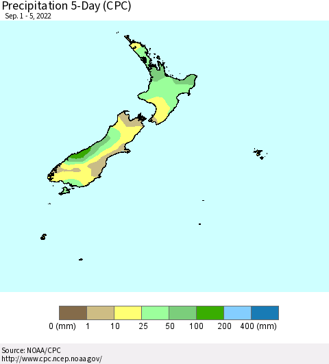 New Zealand Precipitation 5-Day (CPC) Thematic Map For 9/1/2022 - 9/5/2022