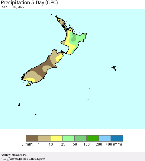 New Zealand Precipitation 5-Day (CPC) Thematic Map For 9/6/2022 - 9/10/2022