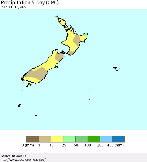 New Zealand Precipitation 5-Day (CPC) Thematic Map For 9/11/2022 - 9/15/2022