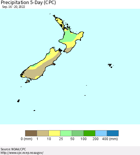 New Zealand Precipitation 5-Day (CPC) Thematic Map For 9/16/2022 - 9/20/2022
