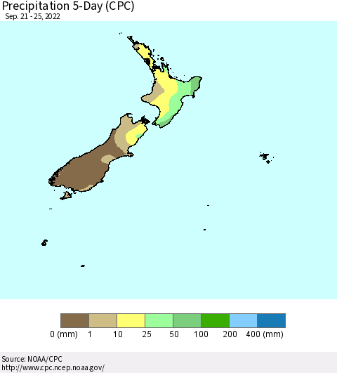 New Zealand Precipitation 5-Day (CPC) Thematic Map For 9/21/2022 - 9/25/2022