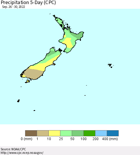 New Zealand Precipitation 5-Day (CPC) Thematic Map For 9/26/2022 - 9/30/2022