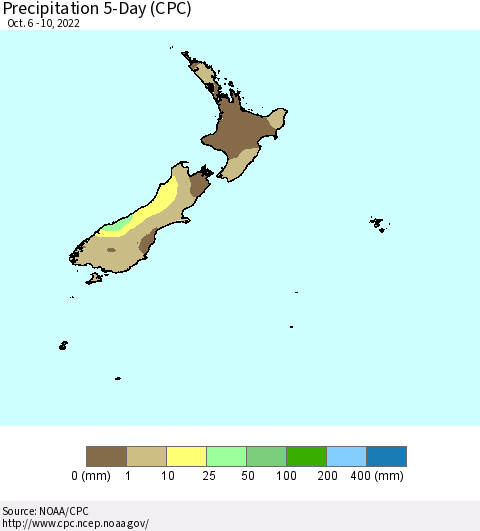 New Zealand Precipitation 5-Day (CPC) Thematic Map For 10/6/2022 - 10/10/2022