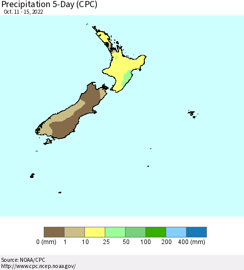 New Zealand Precipitation 5-Day (CPC) Thematic Map For 10/11/2022 - 10/15/2022