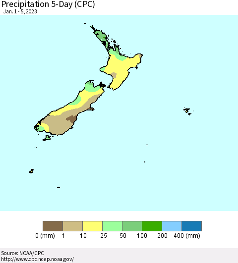 New Zealand Precipitation 5-Day (CPC) Thematic Map For 1/1/2023 - 1/5/2023