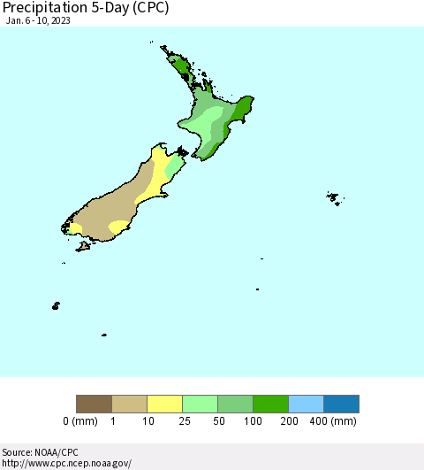New Zealand Precipitation 5-Day (CPC) Thematic Map For 1/6/2023 - 1/10/2023