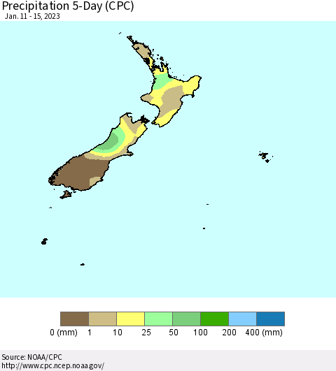 New Zealand Precipitation 5-Day (CPC) Thematic Map For 1/11/2023 - 1/15/2023