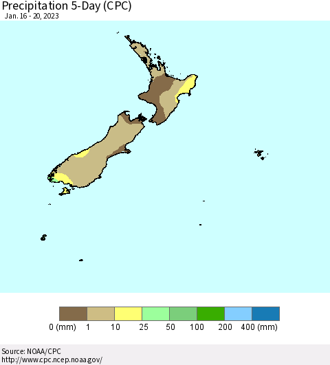 New Zealand Precipitation 5-Day (CPC) Thematic Map For 1/16/2023 - 1/20/2023