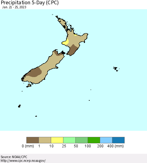 New Zealand Precipitation 5-Day (CPC) Thematic Map For 1/21/2023 - 1/25/2023