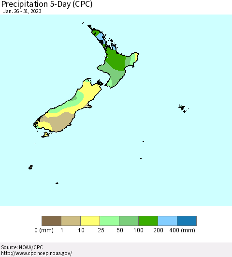 New Zealand Precipitation 5-Day (CPC) Thematic Map For 1/26/2023 - 1/31/2023