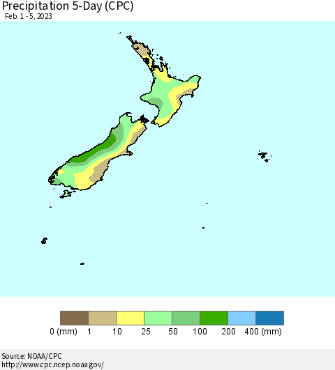 New Zealand Precipitation 5-Day (CPC) Thematic Map For 2/1/2023 - 2/5/2023