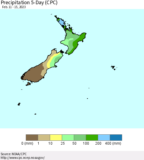 New Zealand Precipitation 5-Day (CPC) Thematic Map For 2/11/2023 - 2/15/2023