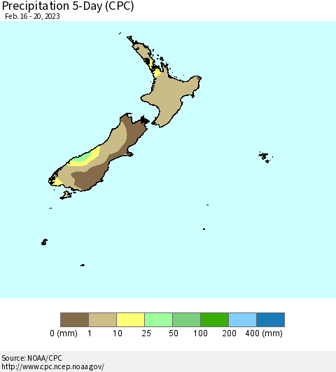 New Zealand Precipitation 5-Day (CPC) Thematic Map For 2/16/2023 - 2/20/2023