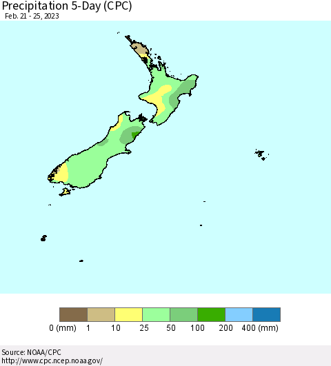 New Zealand Precipitation 5-Day (CPC) Thematic Map For 2/21/2023 - 2/25/2023
