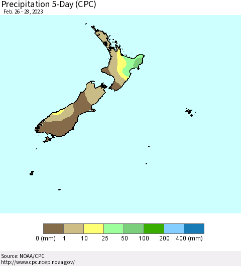 New Zealand Precipitation 5-Day (CPC) Thematic Map For 2/26/2023 - 2/28/2023