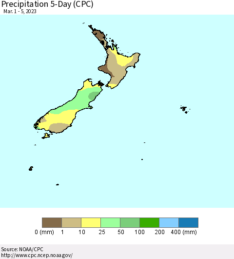 New Zealand Precipitation 5-Day (CPC) Thematic Map For 3/1/2023 - 3/5/2023