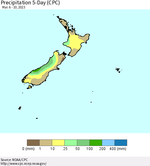 New Zealand Precipitation 5-Day (CPC) Thematic Map For 3/6/2023 - 3/10/2023