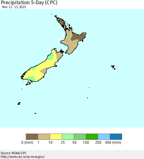 New Zealand Precipitation 5-Day (CPC) Thematic Map For 3/11/2023 - 3/15/2023