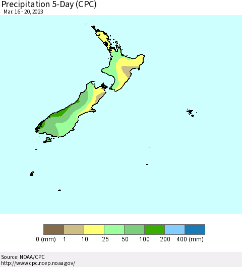 New Zealand Precipitation 5-Day (CPC) Thematic Map For 3/16/2023 - 3/20/2023
