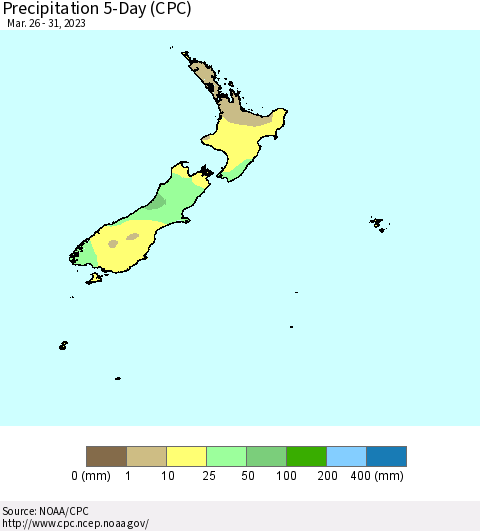 New Zealand Precipitation 5-Day (CPC) Thematic Map For 3/26/2023 - 3/31/2023