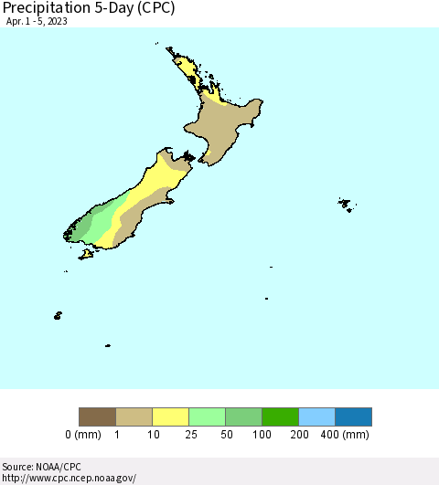 New Zealand Precipitation 5-Day (CPC) Thematic Map For 4/1/2023 - 4/5/2023