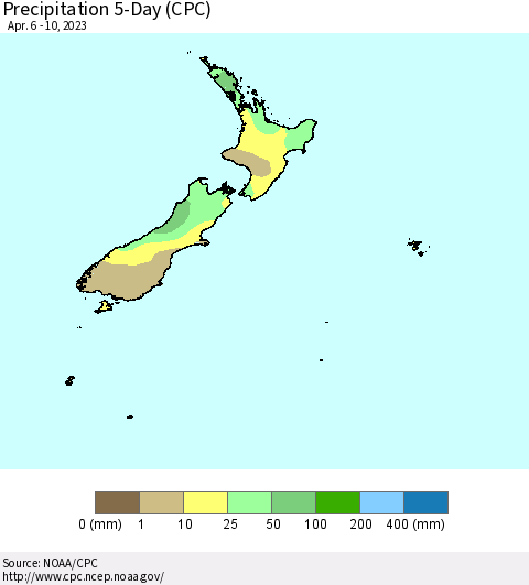 New Zealand Precipitation 5-Day (CPC) Thematic Map For 4/6/2023 - 4/10/2023