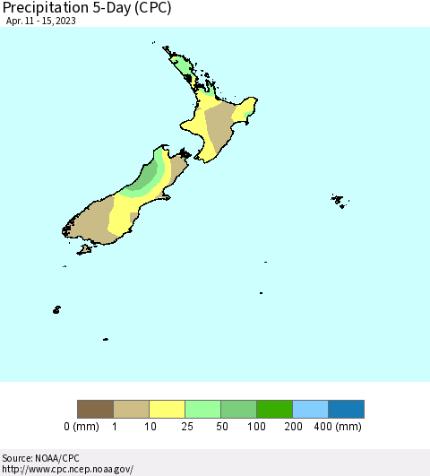 New Zealand Precipitation 5-Day (CPC) Thematic Map For 4/11/2023 - 4/15/2023