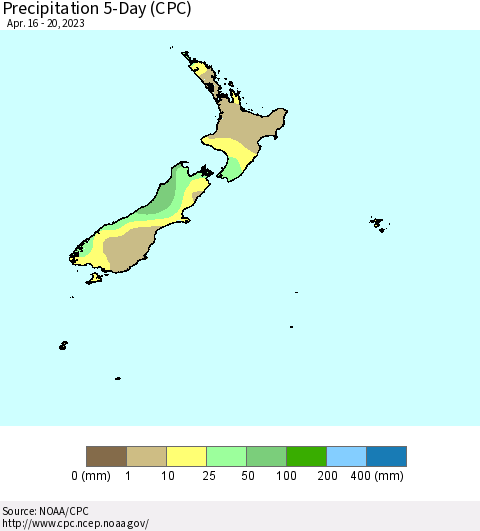 New Zealand Precipitation 5-Day (CPC) Thematic Map For 4/16/2023 - 4/20/2023