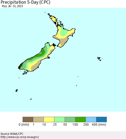 New Zealand Precipitation 5-Day (CPC) Thematic Map For 5/26/2023 - 5/31/2023