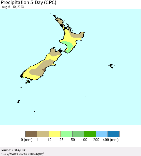 New Zealand Precipitation 5-Day (CPC) Thematic Map For 8/6/2023 - 8/10/2023