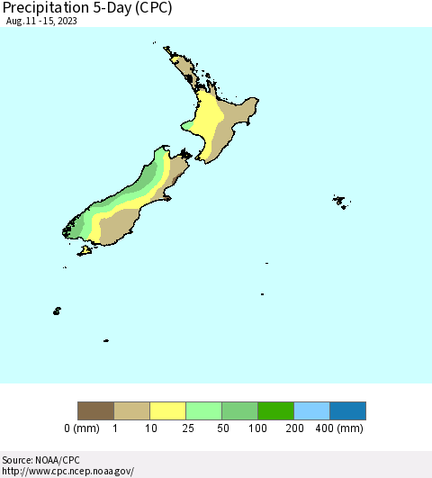 New Zealand Precipitation 5-Day (CPC) Thematic Map For 8/11/2023 - 8/15/2023